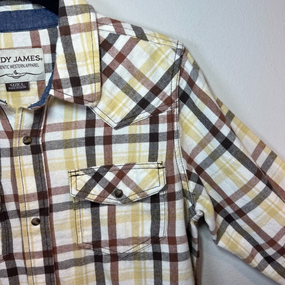 Cody James Boys Plaid Flannel Pearl Snap Shirt Beige Brown Western Pockets Large - Picture 7 of 15
